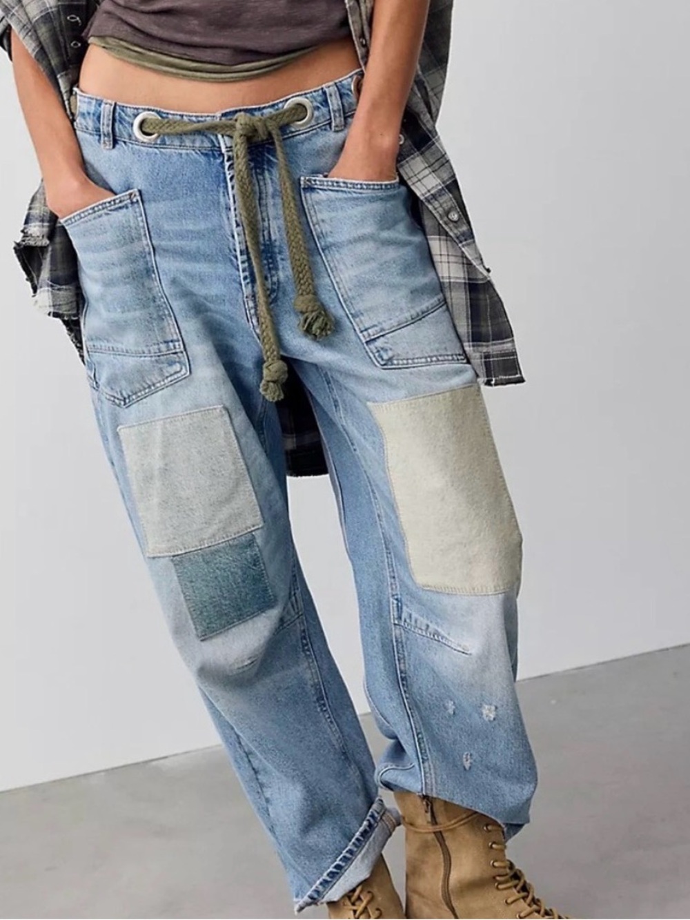 We The Free Moxie Denim Barrel Patchwork Cargo Jeans with Drawstring Waist